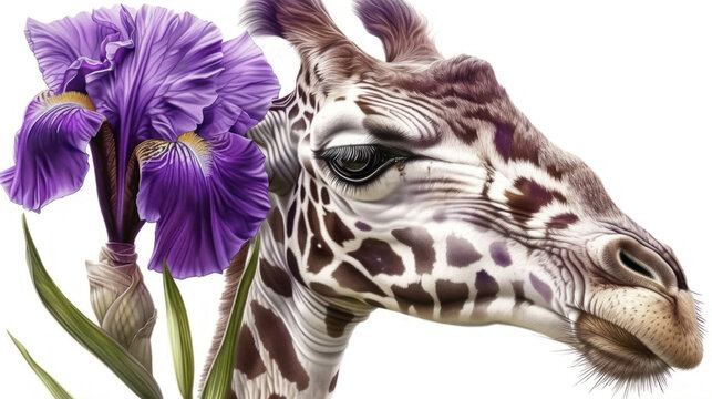 a close up of a giraffe with a flower in the foreground and a purple flower in the background.
