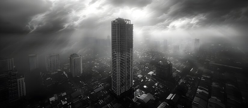 Aerial Cityscape Amidst Chocolate Storm - High-rise Buildings Surrounded by Abstract Art from Shadows