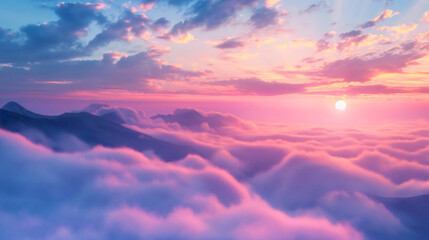 Obraz premium Landscape of the sunset over the foggy and cloudy mountain range, dreamy pink