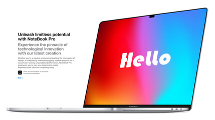 frameless silver laptop with a colorful screen, isolated on a white background. realistic mockup of a new notebook with shadow. vector 3d isometric illustration