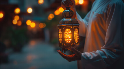 Arab man holding lantern welcoming the night of Ramadan, night of 1000 years, Ramadan atmosphere - obrazy, fototapety, plakaty