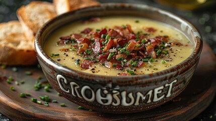 Comfort food dish bowl of bacon and chives soup on wooden board