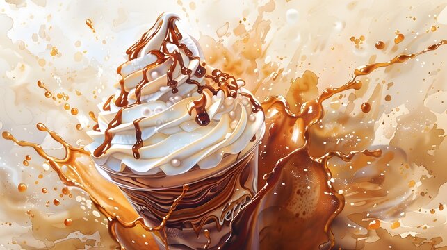 Hyperrealistic Ice Cream Sundae with Chocolate Drizzle and Swirling Coffee Splashes