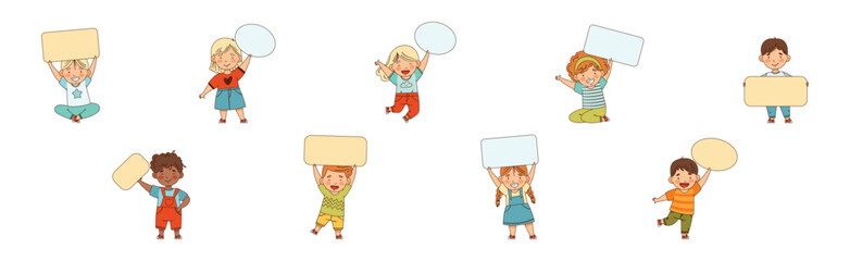 Smiling Kids Character Holding Empty Plaque or Signboard Vector Set