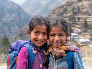 Two happy young girls with backpacks embracing in a rustic mountain setting, displaying friendship and joy.