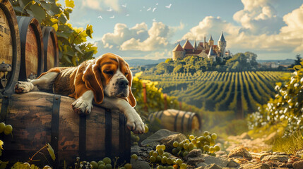 A beagle on a wine tasting tour lounging by barrels in vineyards that stretch towards castles...