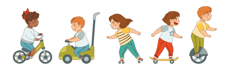 Children Ride Different Transport Enjoy Driving Vehicle Vector Set