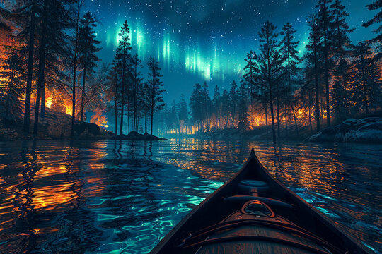 A 3D digital kayak gliding on a river through an enchanted forest where the water shimmers with reflections of an auroralit sky
