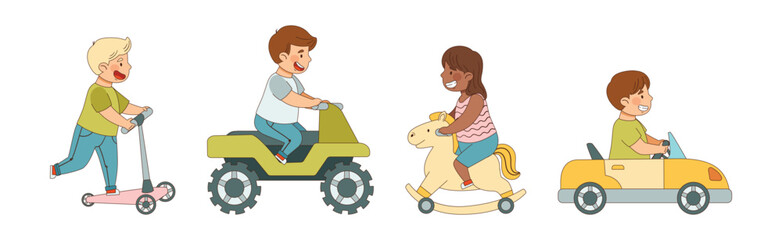 Children Ride Different Transport Enjoy Driving Vehicle Vector Set
