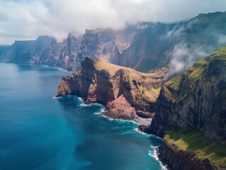 Fototapeta na wymiar A breathtaking view of towering sea cliffs wrapped in mist, showcasing nature's grandeur and mystery.
