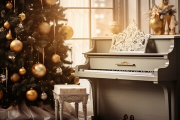 Melodious Piano with Christmas decoration season. Room design New Year. Generate Ai