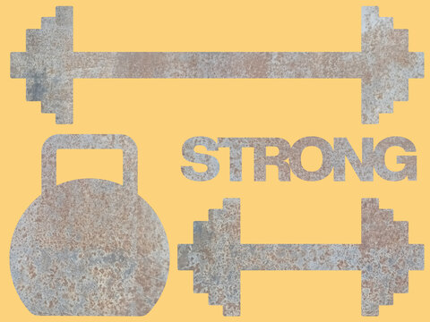 Barbell, dumbbell, kettlebell and word "STONG" on one card (picture), made of rusty metall, isolated on ochre or orange background.  Good for stickers, post cards or any other prints or web deeds.