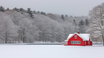 a red house in the middle of a snow covered field with trees in the background and a dusting of snow on the ground.