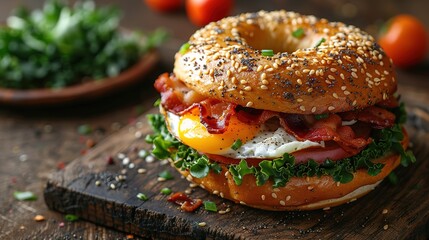 Hearty Breakfast Sandwich on a Bagel with Egg Bacon and Cheese - 754970598
