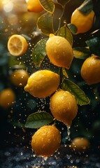 Beautiful fresh ripe lemons hanging on a branch with leaves in garden, closeup