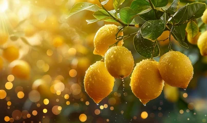 Fototapeten Beautiful fresh ripe lemons hanging on a branch with leaves in garden, closeup © Agave Studio