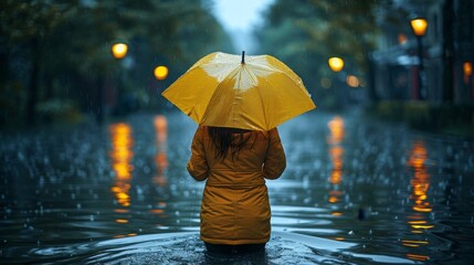 A lone women with a yellow umbrella waded through floodwaters in the city. - obrazy, fototapety, plakaty