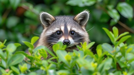 Obraz premium a raccoon peeks out from a bush looking at the camera with a curious look on its face.