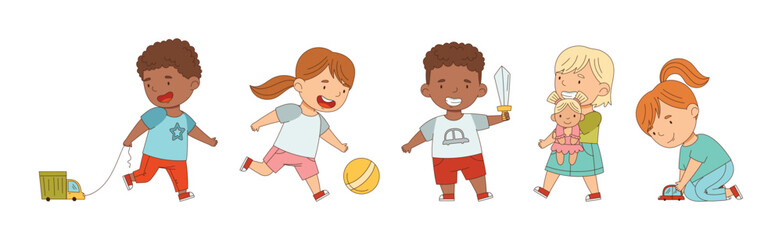 Little Boy and Girl Playing Toys in Playroom Vector Set