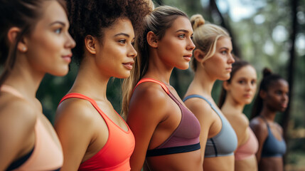 Group Of women in sports tops and sportswear shorts aligned ready to do some sport activity