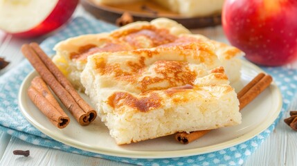 a slice of cinnamon apple pie on a plate with cinnamon sticks and a bowl of apples in the back ground.