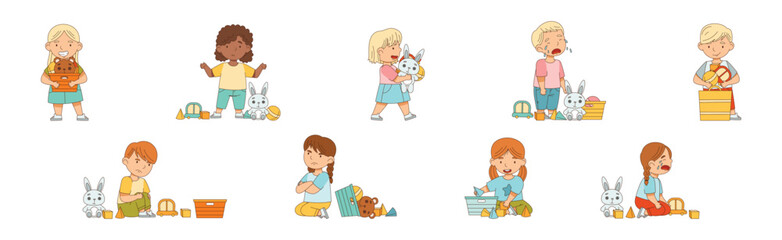 Little Boy and Girl Playing Toys in Playroom Vector Set