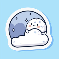 Cartoon moon sticker. Cute cartoon design, night sky with star. White cloud. Happy smiling character. Isolated on blue background. Vector illustration