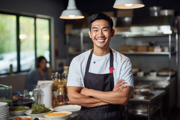 A smiling chef stands in front of a kitchen counter with apron on