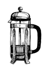 French press hand drawn sketch, vector illustration 