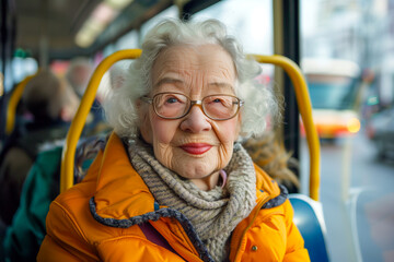 Portrait of a happy senior woman traveling by bus taking public transportation