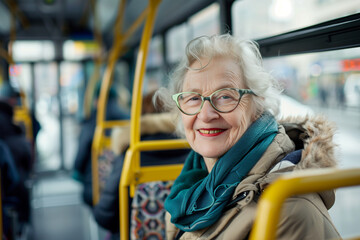 Portrait of a happy senior woman traveling by bus taking public transportation