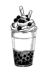 Glass of Bubble tea with cream, hand drawn sketch, vector illustration 