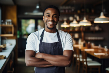 A smiling man in a black apron stands in front of a restaurant with a white apro