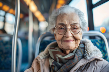 Portrait of a happy senior woman traveling by bus taking public transportation