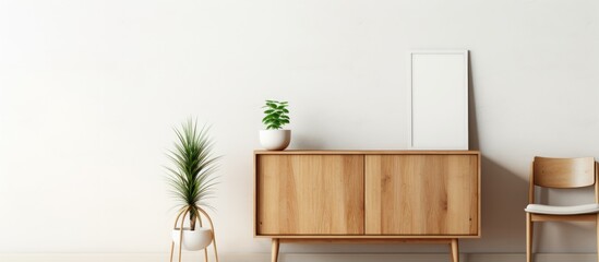 A living room featuring wooden furniture such as a cabinet and chair, with a plant in a flowerpot on a table. The white walls create a spacious feel against the dark wood flooring