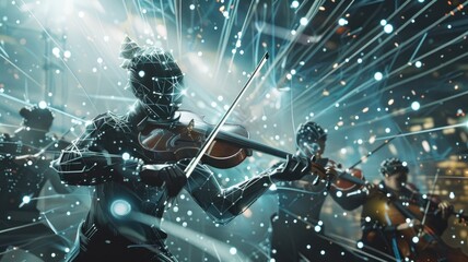 Abstract violinist playing with vibrant lights - A dynamic digital  of a violinist enveloped in sparkling, abstract lights captures the fusion of music and technology