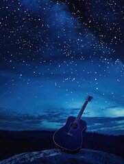 Acoustic guitar under a night sky filled with stars - A solitary acoustic guitar leans on a stone under a starry night sky, evoking music's timeless and universal appeal