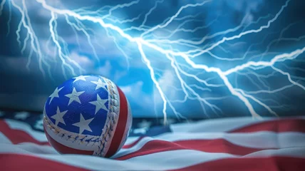 Fotobehang American flag basketball with lightning strike - A powerful image showcasing a basketball with the American flag imprinted on it amid a ferocious lightning storm © Mickey