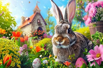 Bunny in front of a fairy tale cottage - An enchanting rabbit poses in a magical garden with vibrant flowers and Easter eggs, a fairy tale cottage in the background - obrazy, fototapety, plakaty