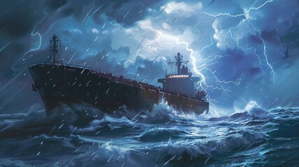 Cargo ship battling fierce storm - A dramatic scene depicts a cargo ship braving a violent ocean storm, highlighting the dangerous nature of sea voyages - obrazy, fototapety, plakaty