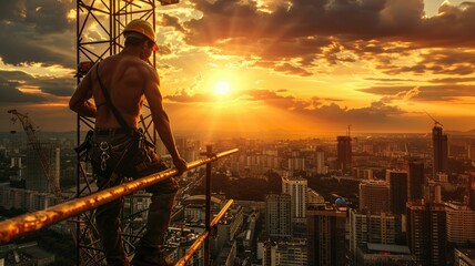Construction worker on skyscraper at sunset - Silhouette of a construction worker against a cityscape during sunset with rich orange hues and a sense of accomplishment - obrazy, fototapety, plakaty