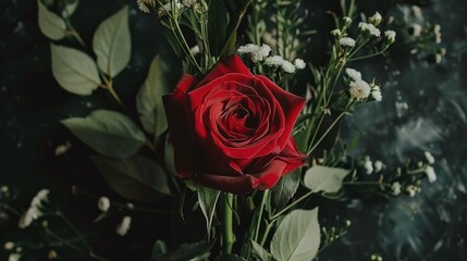 a close up of a red rose with green leaves and white flowers in front of a dark background with green leaves and white flowers.