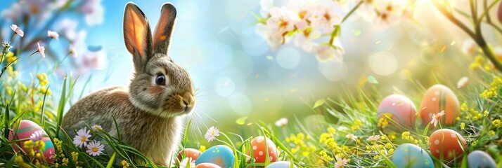 Easter rabbit in a spring meadow scene with eggs - A realistic rabbit amidst blooming flowers and colorful Easter eggs in a sunny meadow