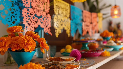 Decorate colorful papel picado with vibrant orange hues symbolizing marigolds, the flowers of the dead.
