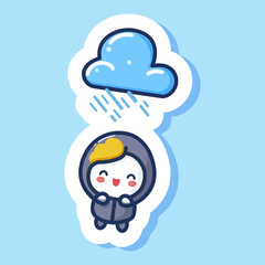 Rainy cloud sticker. Cute cartroon design with happy child character in warm clothes. Coodle drawing. Emoji expression. Isolated on blue background. Vector illustration