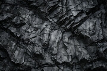 Dark Aged Shabby Cliff Face And Divided By Huge Cracks And Layers. Coarse, Rough Gray Stone Or Rock Texture Of Mountains, Background And Copy Space For Text On Theme Geology And Mountaineering.
 - obrazy, fototapety, plakaty