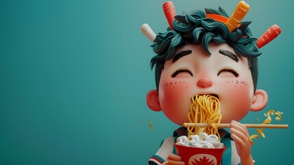 Chinese Boy with Dragon Horns Happily Enjoying Instant Noodles - 3D Illustration, Cartoon Character Design, Turquoise Tone