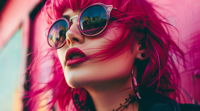 Stylish girl with bright fuchsia hair in a city landscape