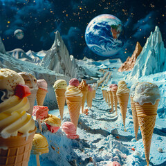 An ice cream festival on the moon with Earth rising in the background blending summer treats with cosmic exploration