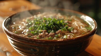 Meat and green onion soup in a wooden bowl on a table